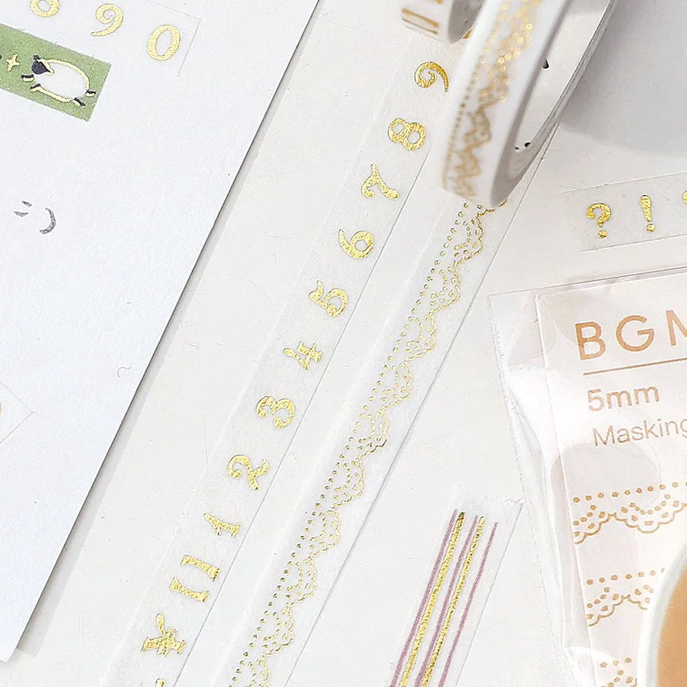 BGM Slim Washi Tape - Foil Stamping Life - 5mm - Gold Numbers
