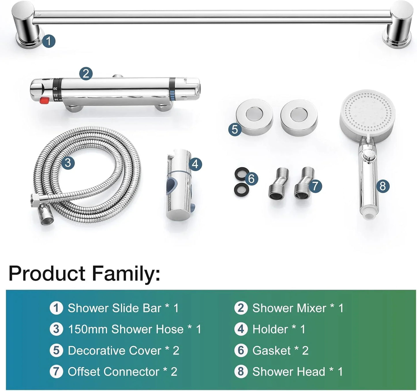 Brass Chrome Thermostat Mixer Valve Cold Hot Water Shower Faucet Rain Soft Jet Slide Bar Modern Design Hotel Apartment Washrooms