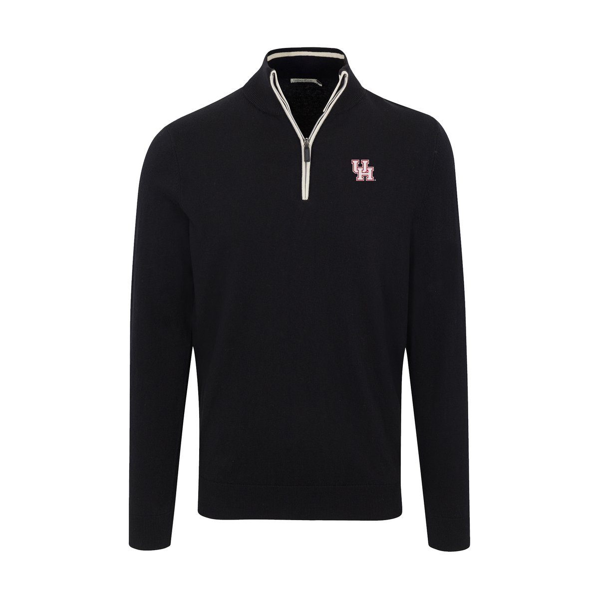 Houston Black with White Trim Luxury Touch Cotton and Cashmere Quarter Zip Sweater