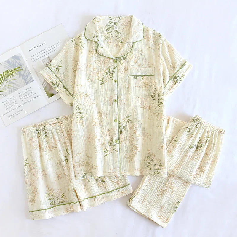 100% Gauze Cotton Summer Women Pajamas 3 Pieces Set Female 2025 New Sleepwear Bedroom Set Short sleeved long pants + shorts