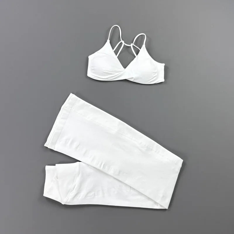2Pcs Yoga Set Seamless Women Twist Front Sports Bra and Vision Flares Leggings Sets Scrunch Butt Cross Waist Gym Flare Pants Set