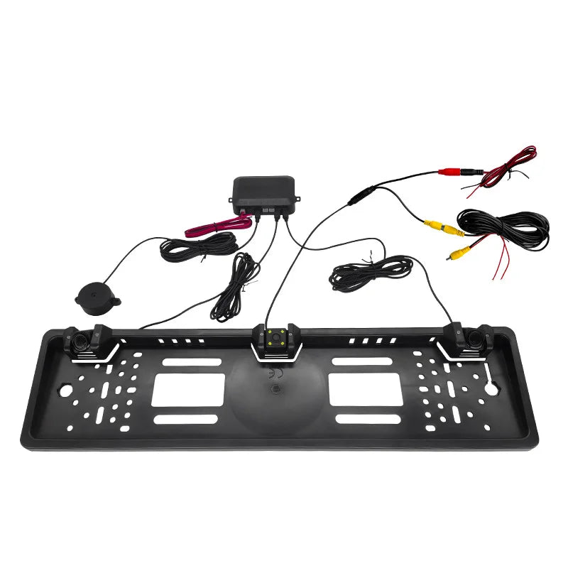 Car Camera 3in1 Parking Sensor European License Plate Frame Backup 4 LED Waterproof Rear View Reversing Radar System