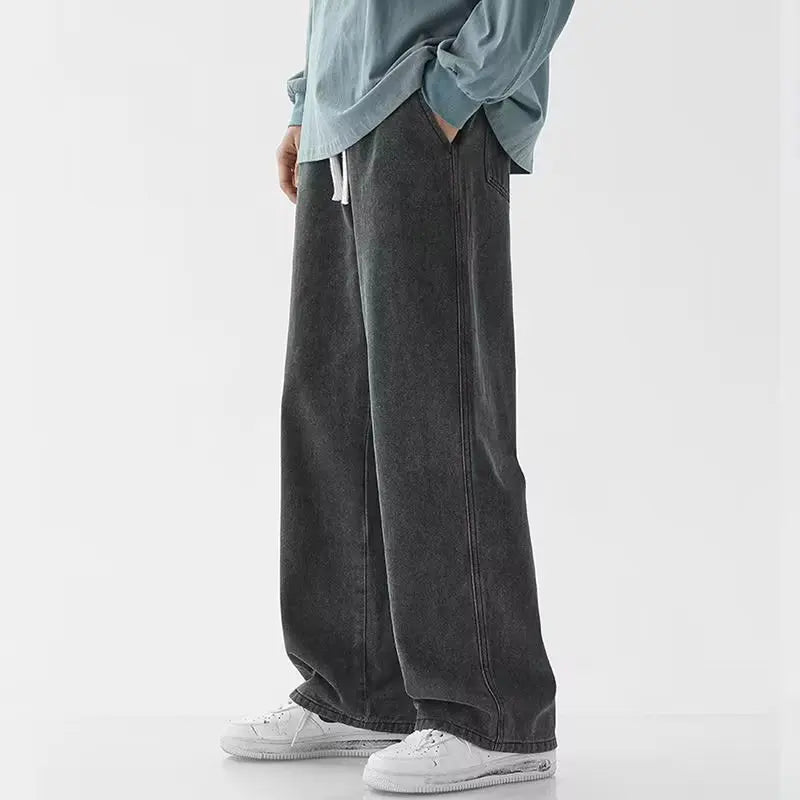 2025 New Korean Men's Casual Long Jeans Classic Man Straight Denim Wide-leg Pants Solid Color Light Blue Grey Black 