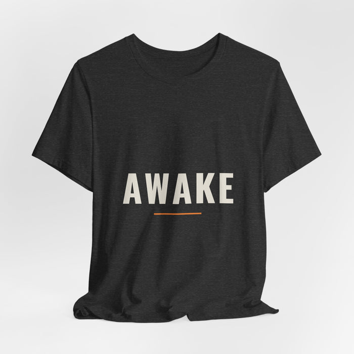 Dark grey heather Awake t-shirt shown draped, front print visible.