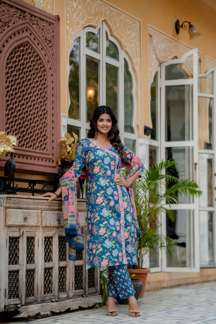 BLUE FLORAL ANGRAKHA STRAIGHT SUIT SET