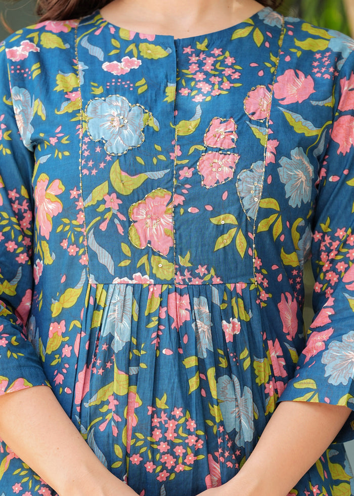 BLUE FLORAL PLEATED SUIT SET