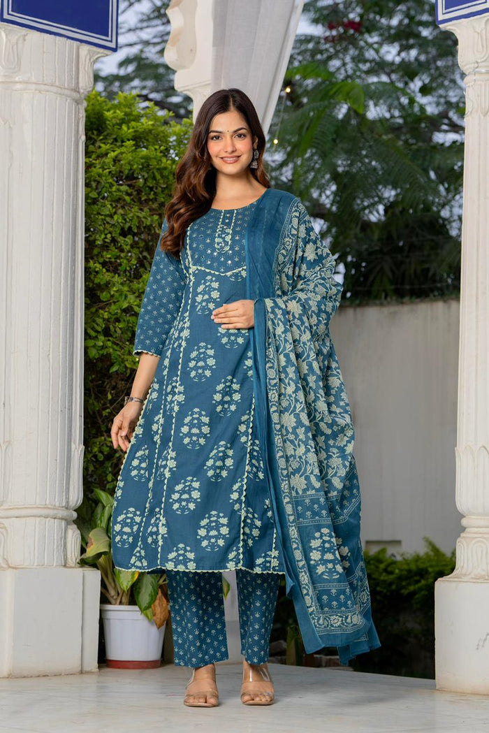 BLUE HAND BLOCK PRINT STRAIGHT SUIT SET