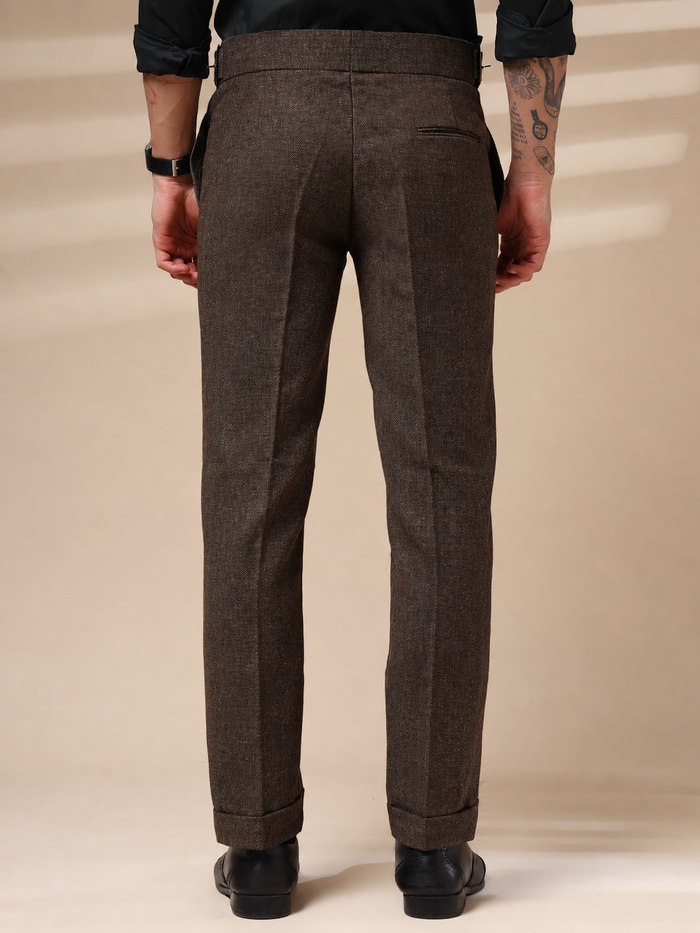 Brown Classic Buckle Herringbone Gurkha Pants | Boot Cut Fit by ITALIAN VEGA®