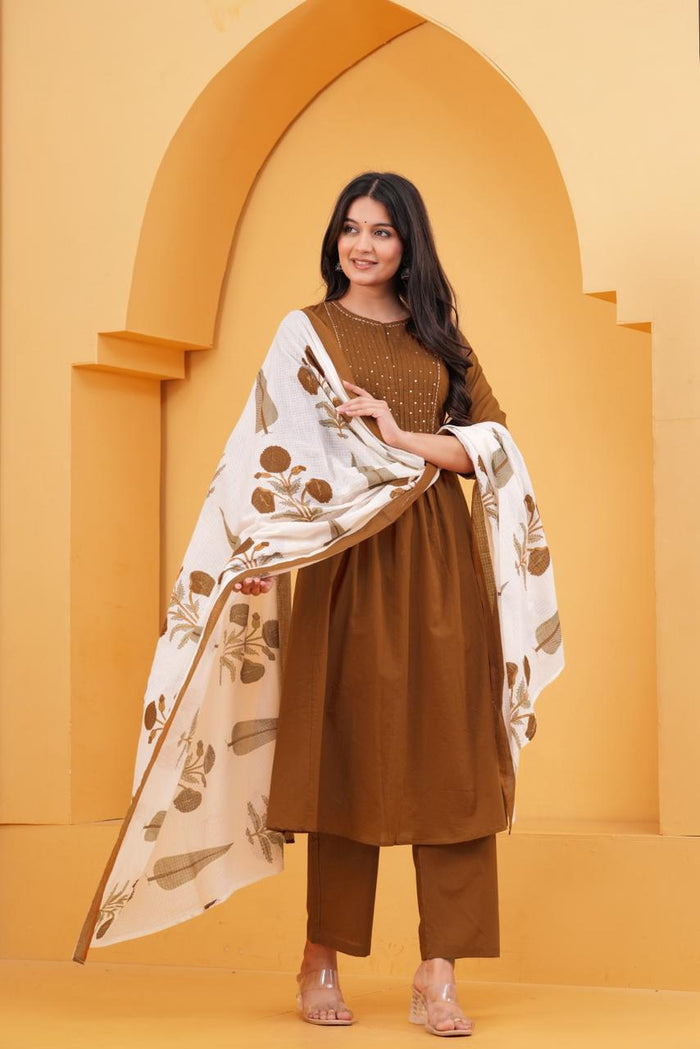 BROWN PINTUCK PLEATED SUIT SET