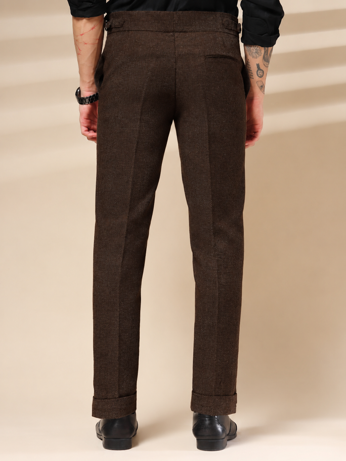 Brown Signature Buttoned Herringbone Gurkha Pants | Boot Cut Fit by ITALIAN VEGA®