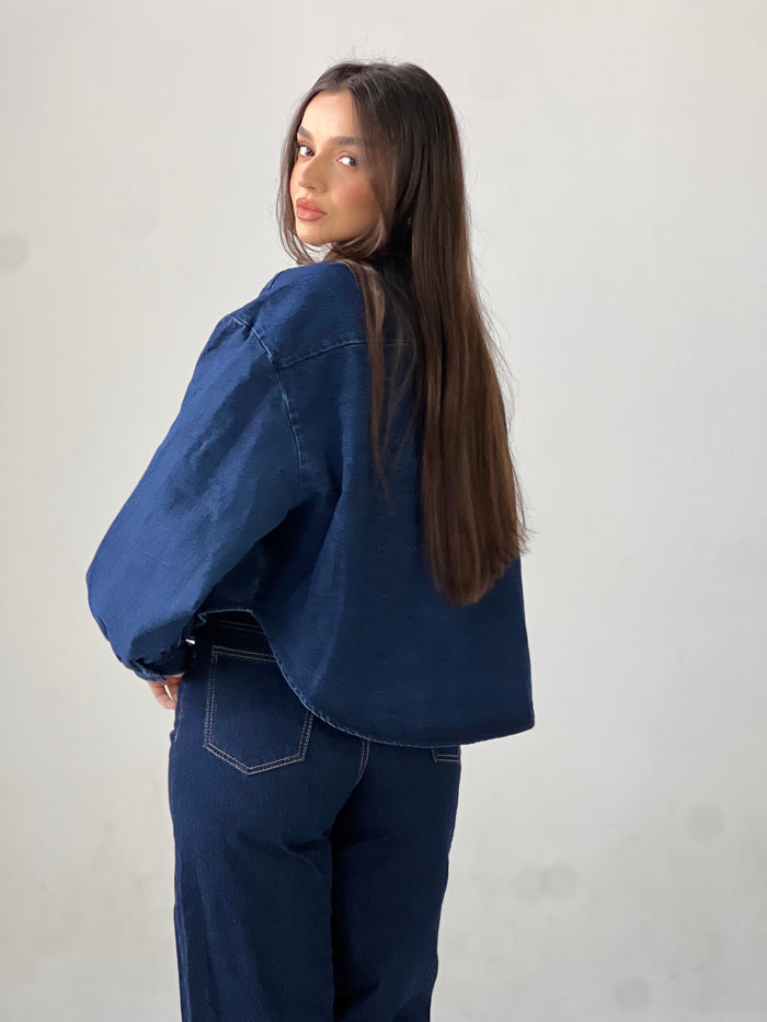 Butterfly Embroidered Summer Oversized Shirt-Dark Blue