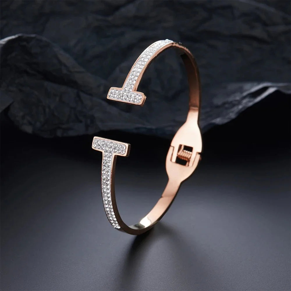Classic Double T Spring Zirconia Bracelet for Women, High Quality Gold Plated Inlaid Jewelry