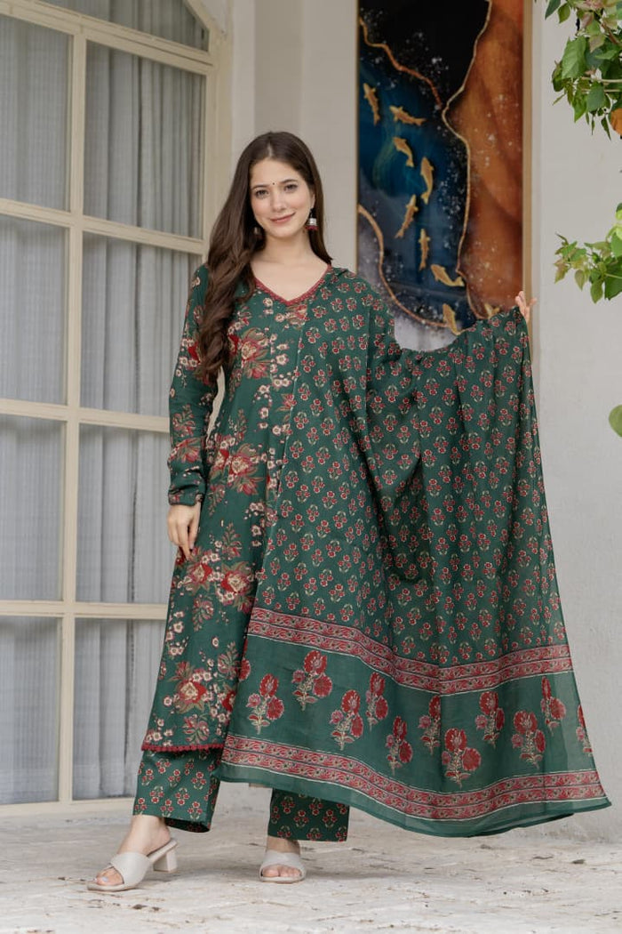 DARK GREEN FLORAL KALIDAR SUIT SET