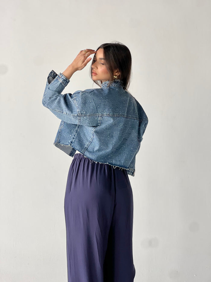 Denim Spark Cropped Jacket-Dark blue