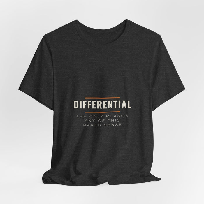 Dark grey heather Differential t-shirt shown draped, front print visible.