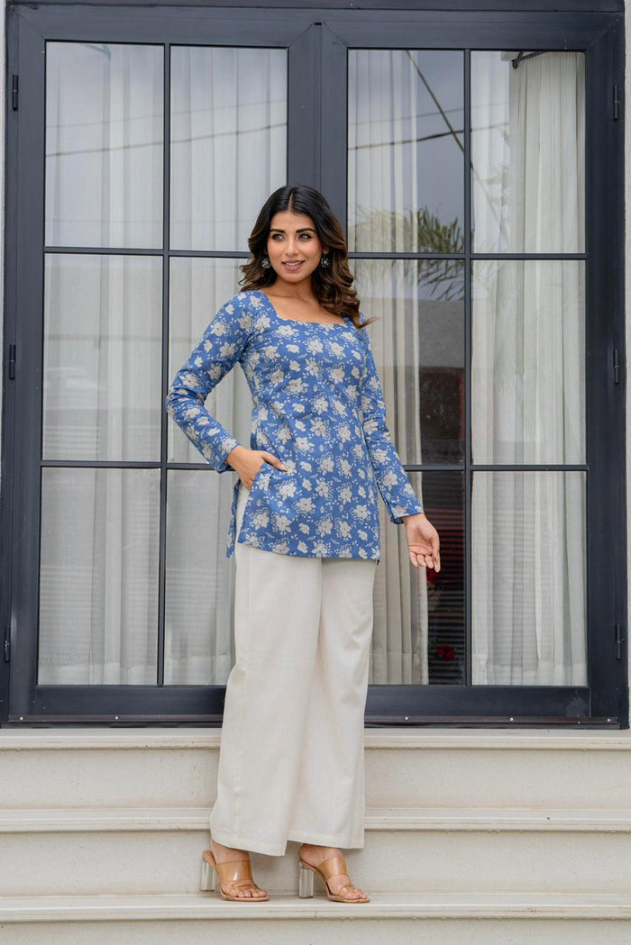 DUSKY INDIGO BLOOM SQUARE NECK KURTI