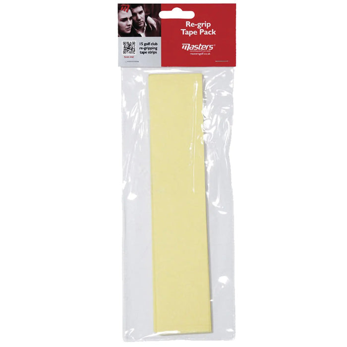 A pack of yellow re-gripping tape strips is displayed in a clear plastic package. The context includes branding from Masters with an image of two individuals on the top.