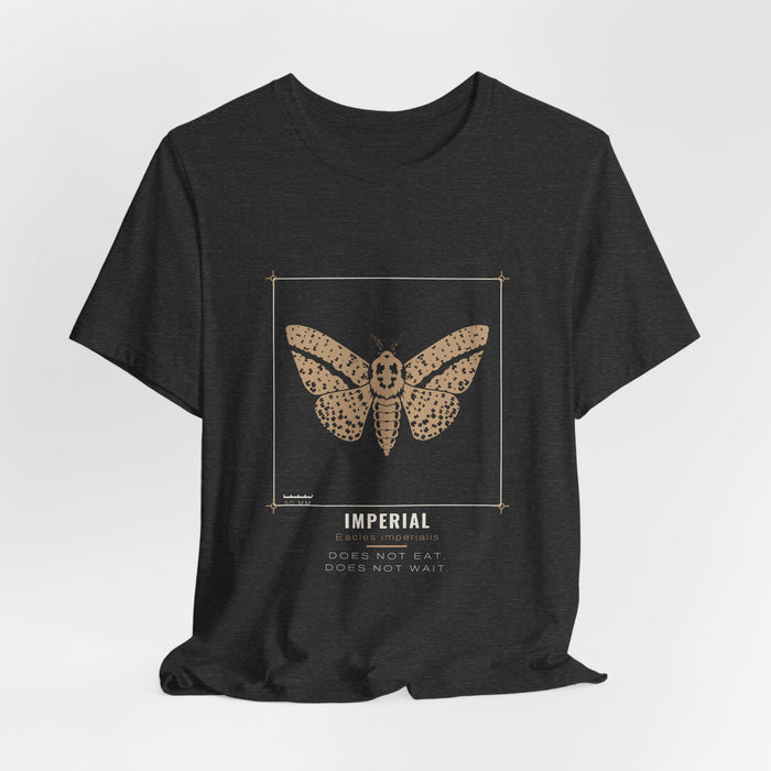 Dark grey heather Imperial t-shirt shown draped, front print visible.