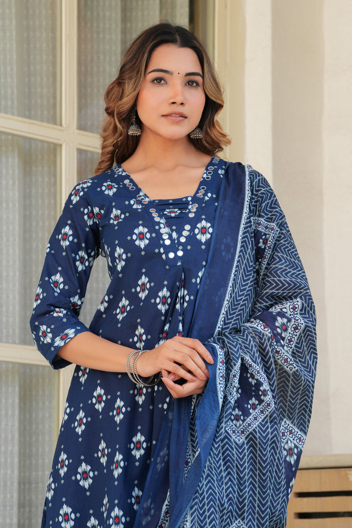 Indigo Blue Printed Cotton Suit Set