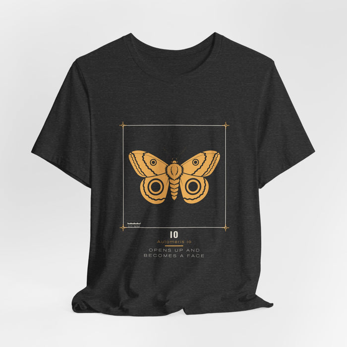 Dark grey heather Io t-shirt shown draped, front print visible.