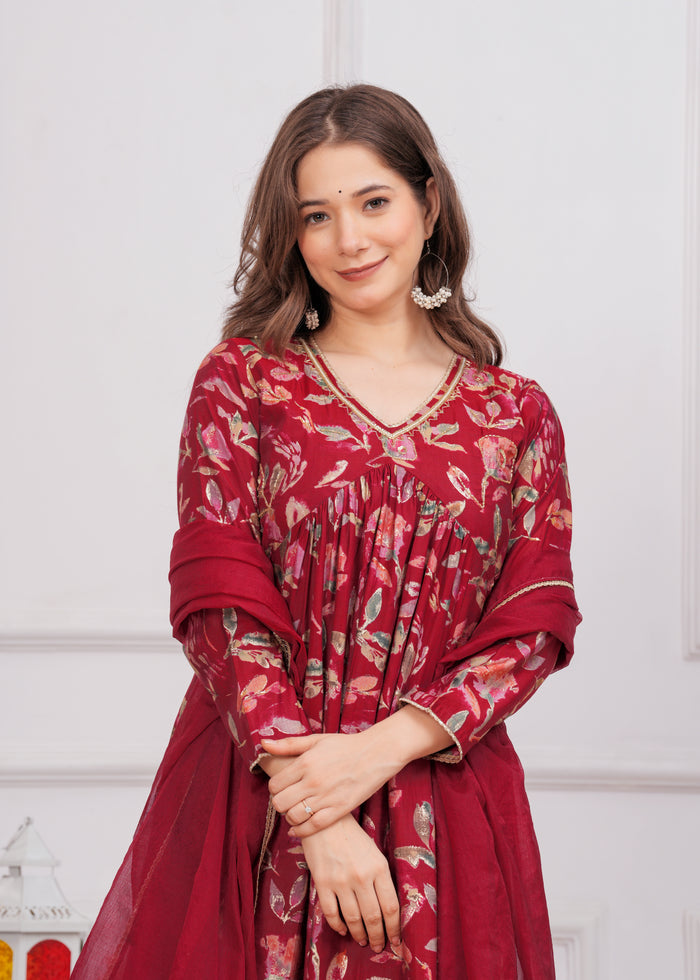 MAROON FLORAL ALIA CUT SLIK SUIT SET