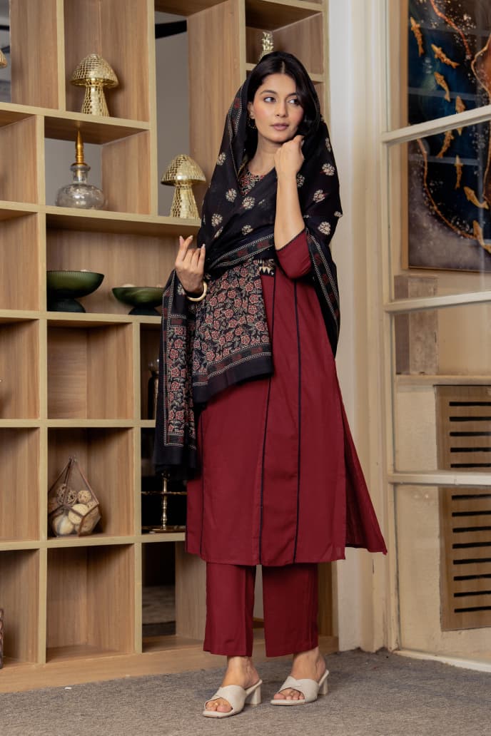 MAROON LACE STRAIGHT SUIT SET