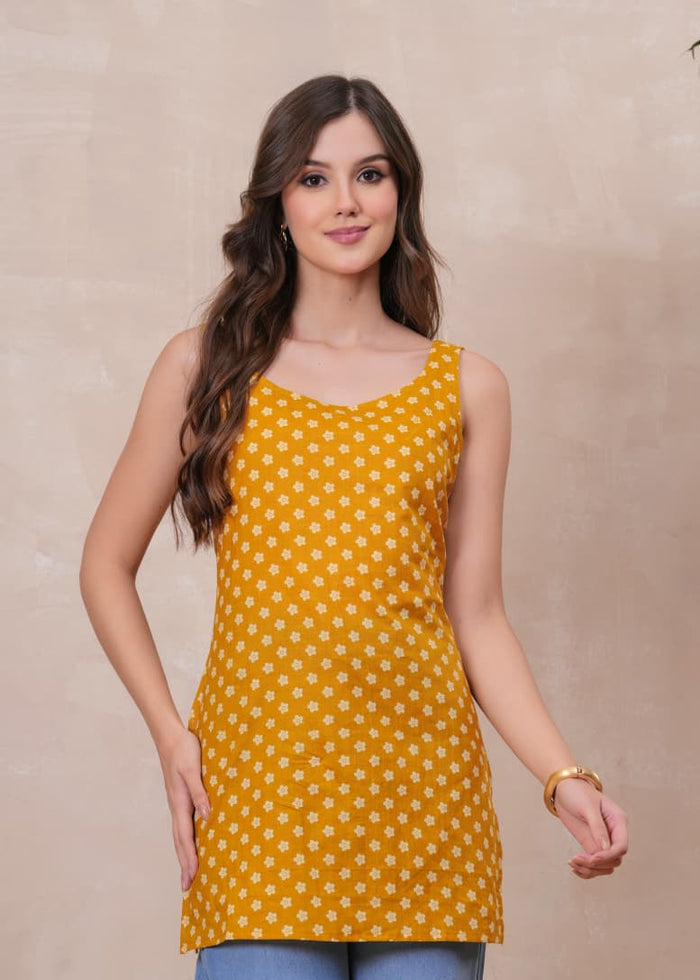 MUSTARD BLOSSOM SLEEVELESS SHORT KURTI