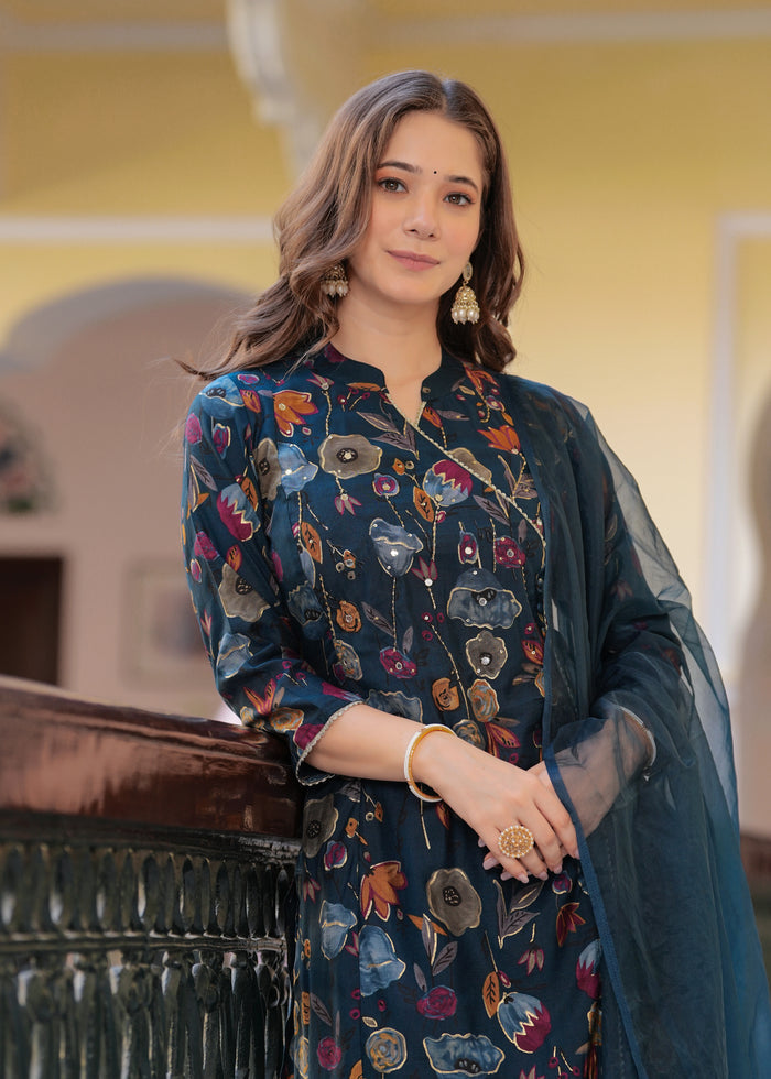 NAVY BLUE ANGRAKHA STRAIGHT SLIK SUIT SET