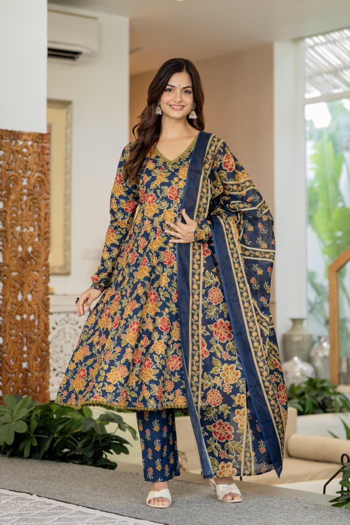 NAVY BLUE FLORAL KALIDAR SUIT SET