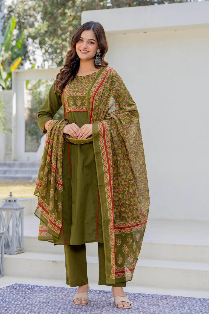 OLIVE GREEN LACE STRAIGHT SUIT SET