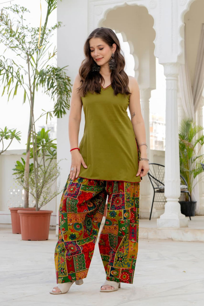 OLIVE MULTICOLOR FARSHI SUIT SET (SLEEVELESS)