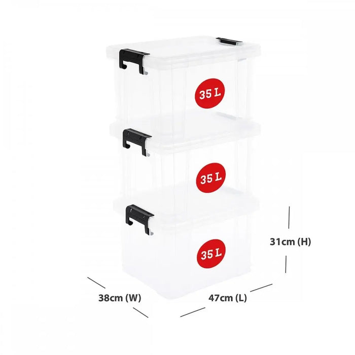 Pack of 3 - 35 Litre Stackmaster Storage Boxes with Lids Strata