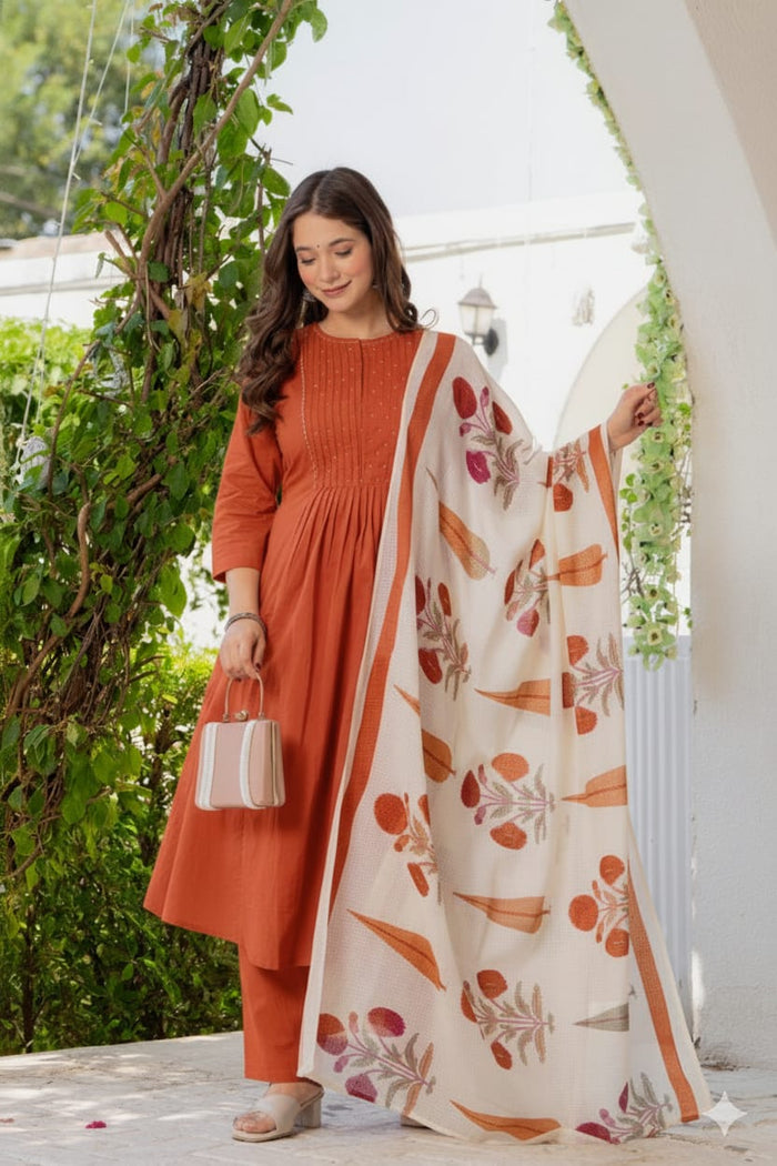 PINTUCK RUST ORANGE PLEATED SUIT SET