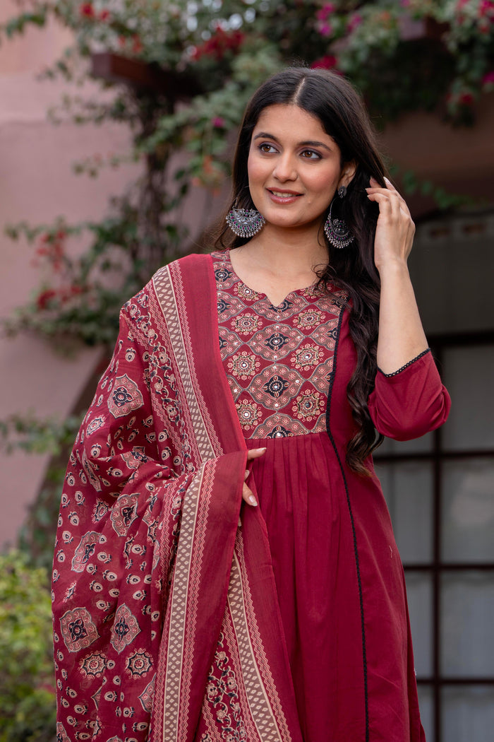 PLEATED AJRAK MAROON SUIT SET