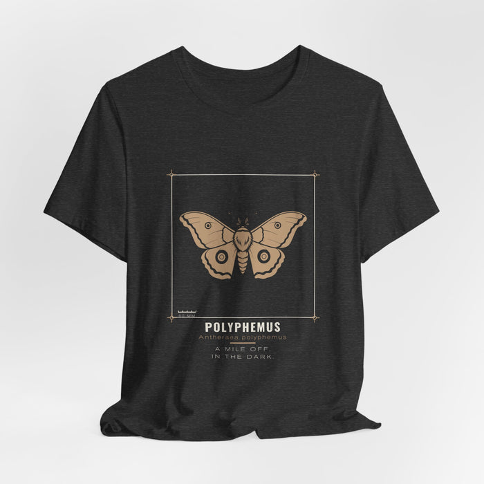 Dark grey heather Polyphemus t-shirt shown draped, front print visible.