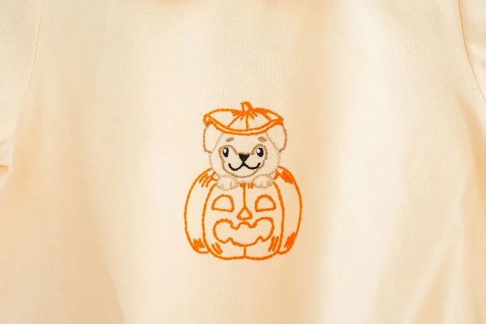 HAND embroidered PUPPY IN JACK O'LANTERN CLOSE UP