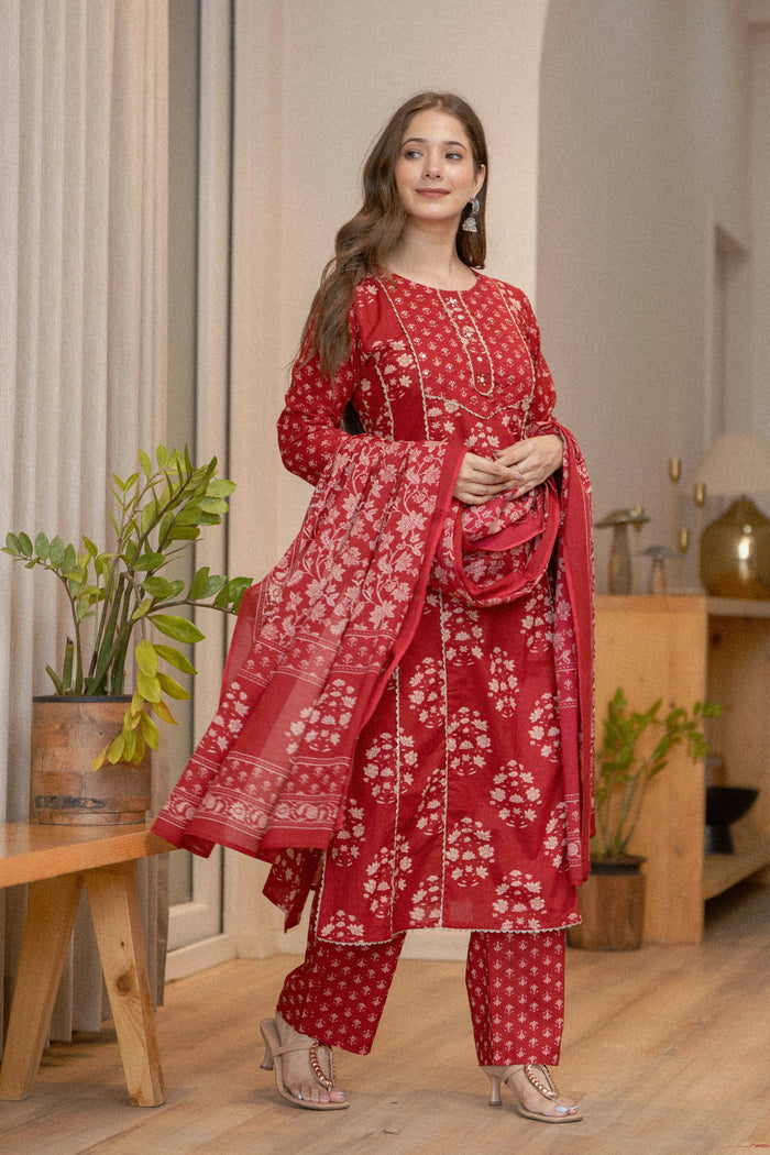 RED HAND BLOCK PRINT STRAIGHT SUIT SET