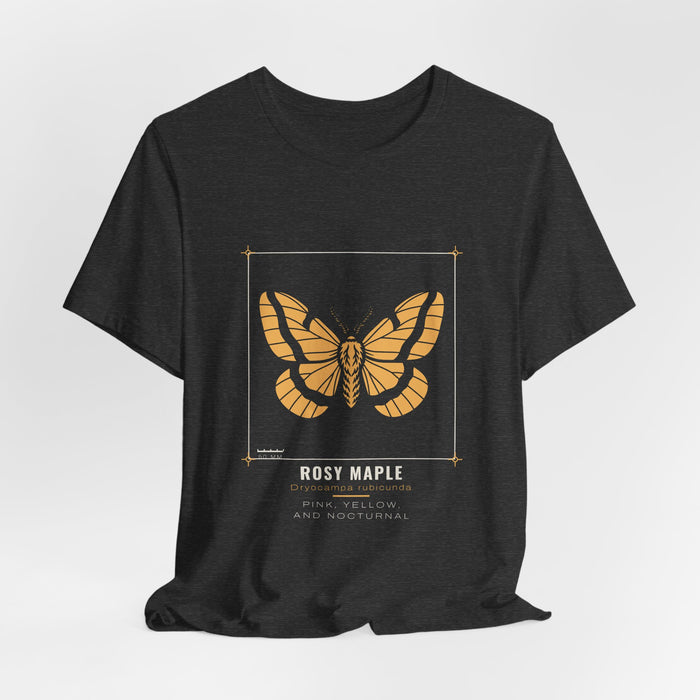 Dark grey heather Rosy Maple t-shirt shown draped, front print visible.