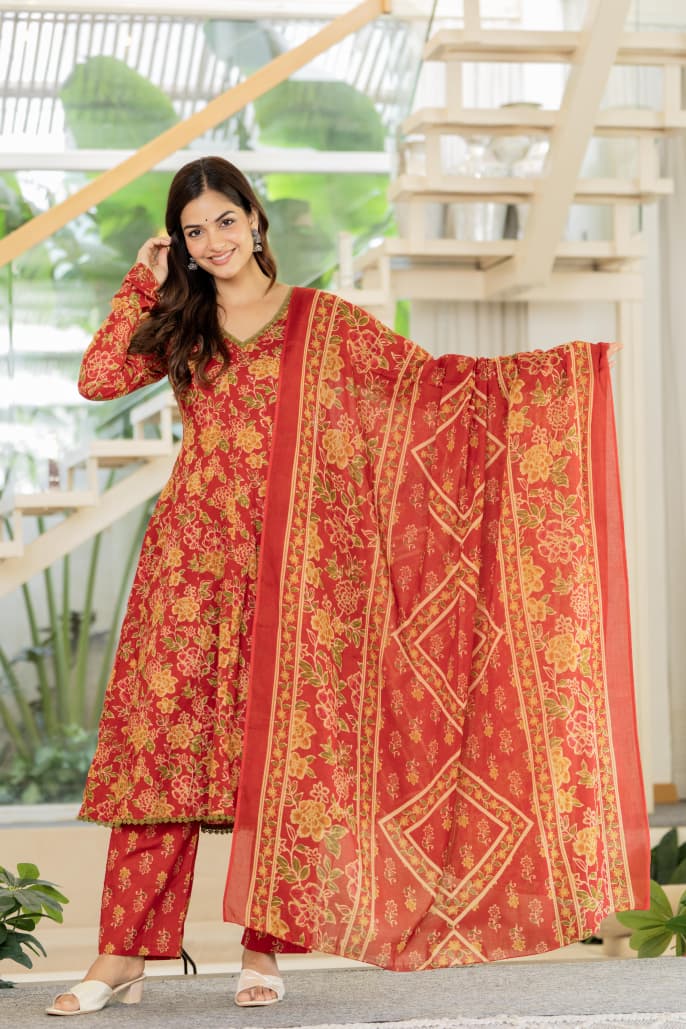 RUSTIC RED FLORAL KALIDAR SUIT SET