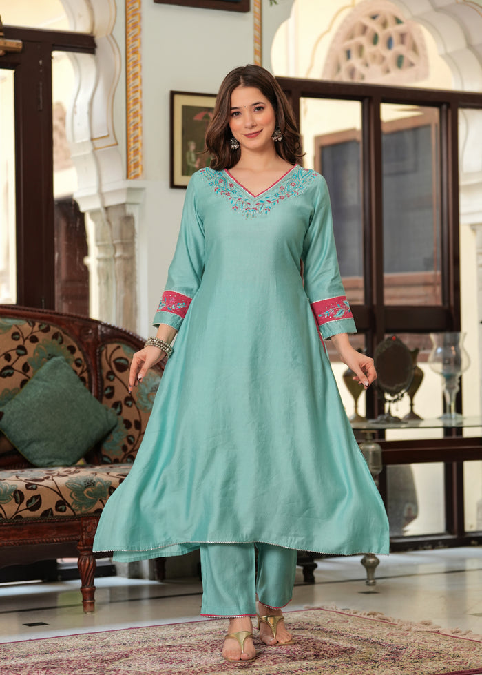 SEA GREEN PINK EMBROIDERED SOLID SUIT SET