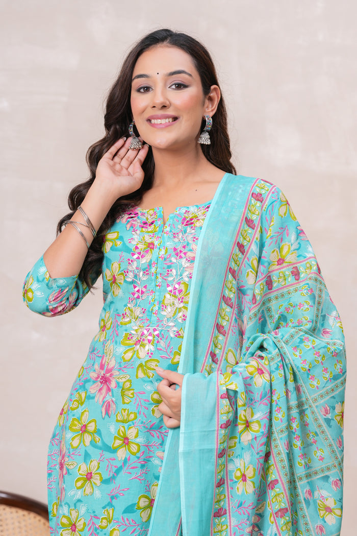 SEA GREEN PRINTED STRAIGHT SUIT SET