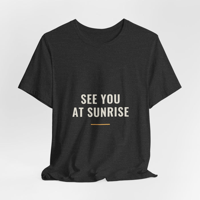 Dark grey heather See You At Sunrise t-shirt shown draped, front print visible.