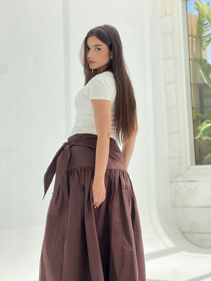 Side Tie Maxi Skirt-Brown