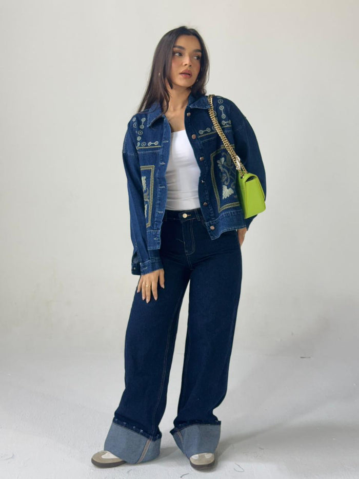 Statement Embroidered Summer Denim Jacket-Dark blue X Mint