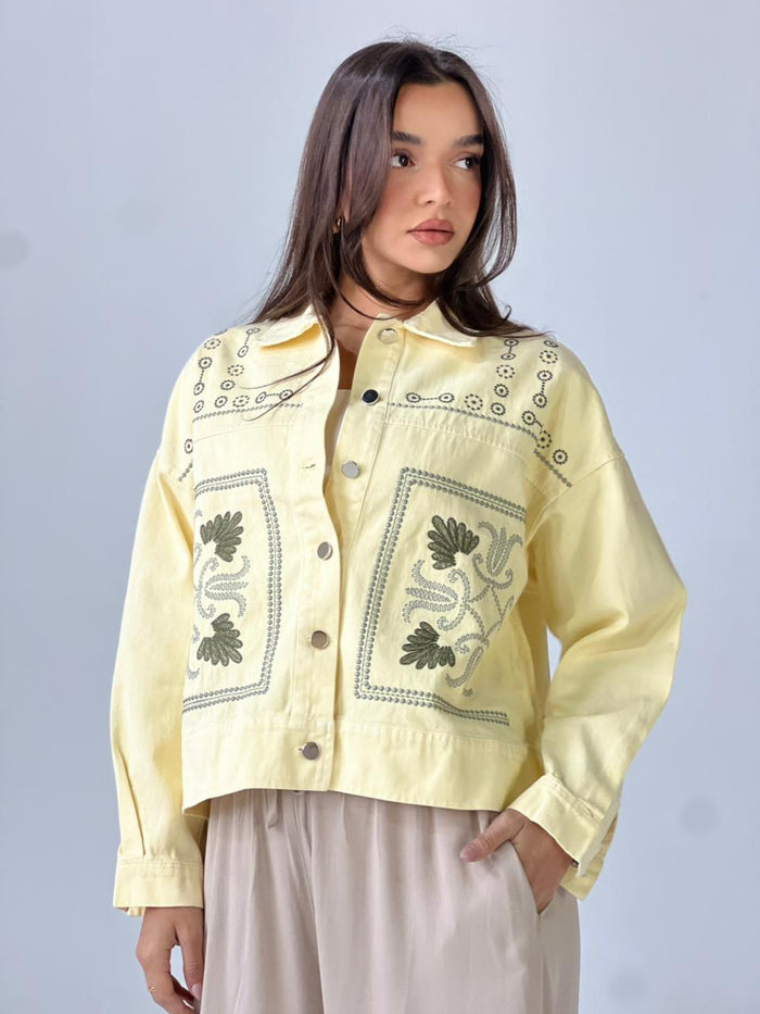 Statement Embroidered Summer Gbrdine Jacket-Yellow X mint