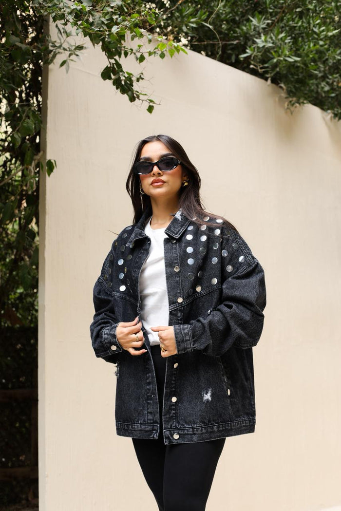 Studs Denim Jacket-Dark Grey