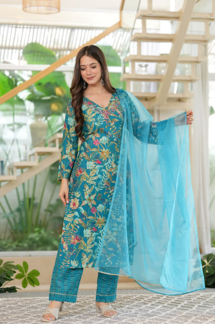 TURQUISE BLUE FLORAL FESTIVE SUIT SET