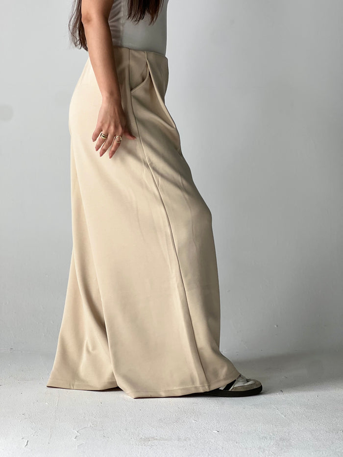 Wide-Leg Summer Melton Pants-Beige
