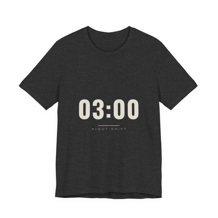 The 03:00 design printed on a dark grey heather unisex t-shirt.