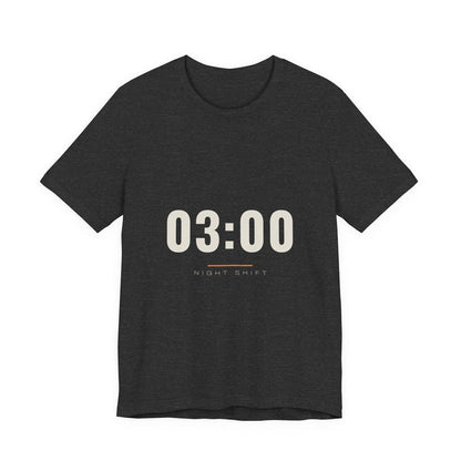 The 03:00 design printed on a dark grey heather unisex t-shirt.